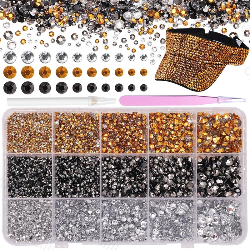 Cynailli 15000 Pcs Resin Rhinestones for Crafts, Black Silver Gold Flatback Resin Rhinestones for Bedazzling Gems 2/3/4/5/6mm Flatback Gems Jewels for DIY Mugs Tumblers Bottles Clothing Shoes Nail Art - Image 1
